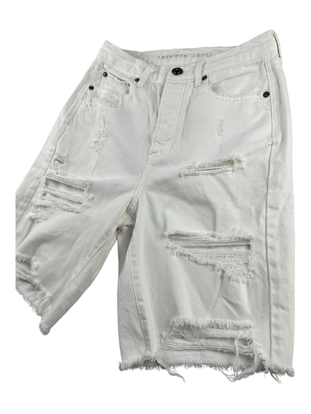 AE Sample Pre-production 90s Boyfriend Jorts White Denim Heavy Distressed Shorts - Picture 7 of 11